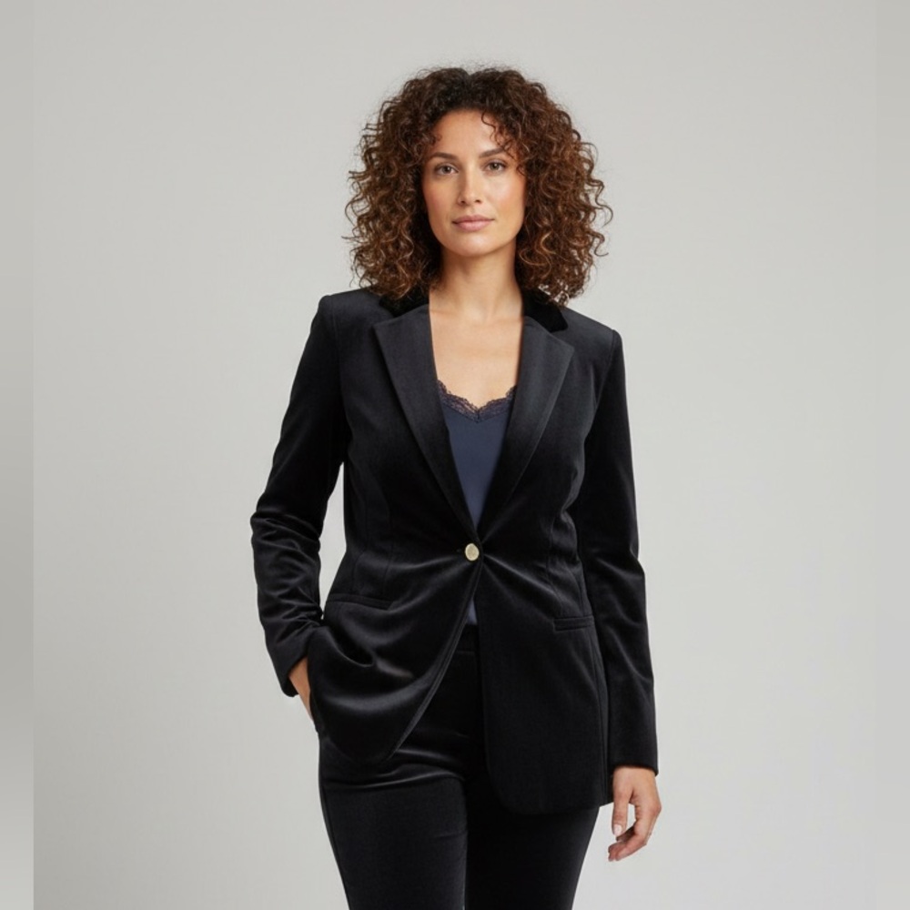 Rietmans Black Velvet One Button Blazer Size Medium Longer Style Business Casual